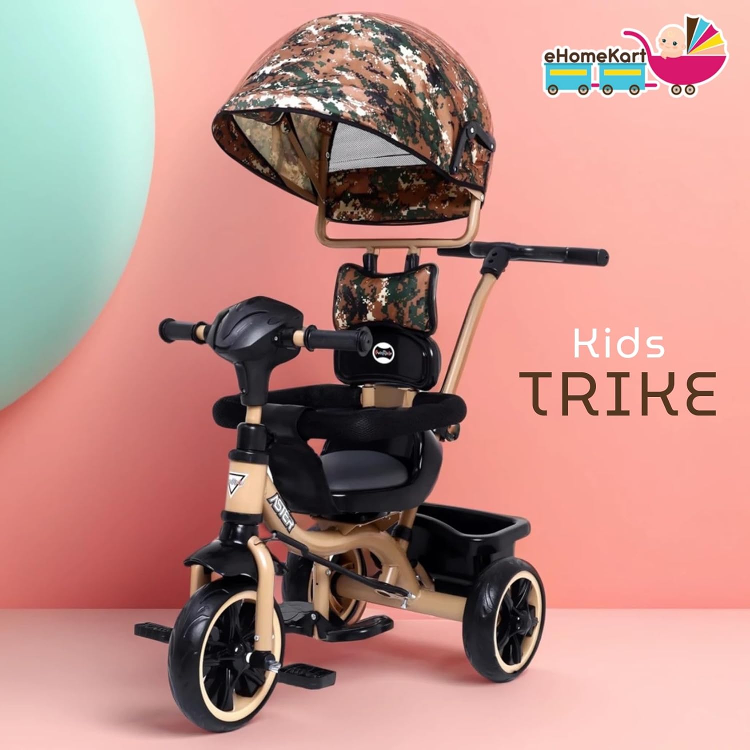 Versatile Aster 4-in-1 musical trike for toddlers, featuring a detachable camouflage sun canopy, parent push handle, safety bar, and rear storage, promoting outdoor adventures and developmental fun. www.usmile.toys